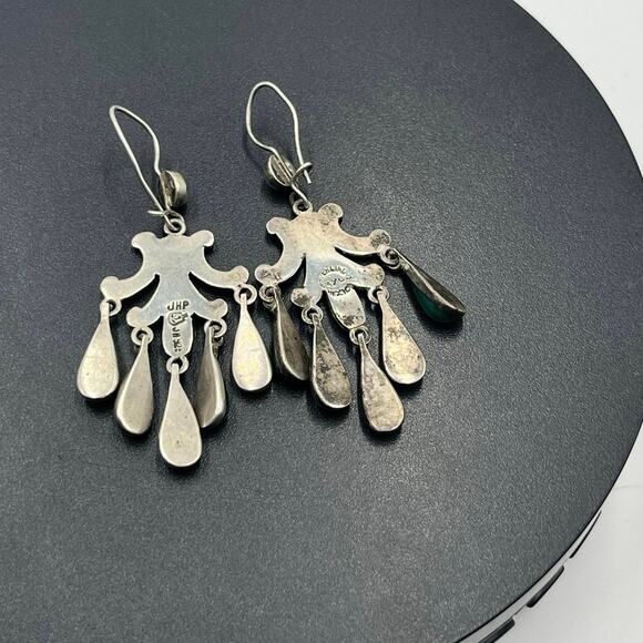 John H. Peckham, Sterling Mexico Green Stone Cabochon Chandelier Earrings Navajo - Picture 6 of 11